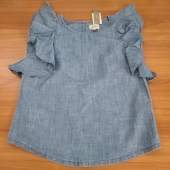 J.Crew Women's Blue Chambray Ruffle Blouse Size 6P – Lightweight Summer Top - Picture 3 of 7